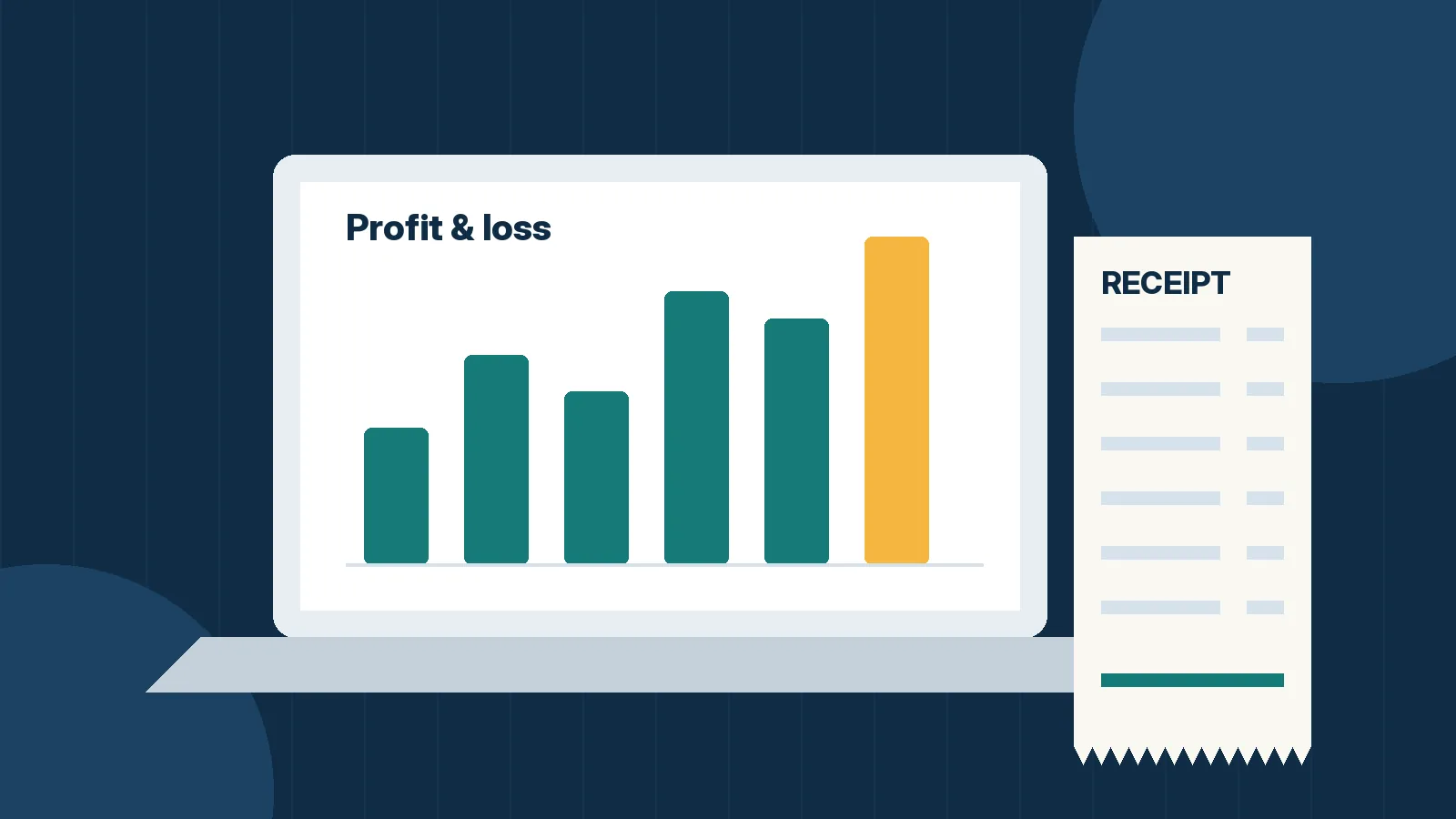 Illustration of a laptop profit and loss chart next to a receipt